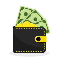 Wallet with cash coins and banknotes, flat vector illustration. Purse with money.