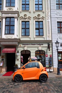 DRESDEN, GERMANY - MAY 10, 2018: Smart Fortwo mini city hatchback car parked in Germany. There were 45.8 million cars registered in Germany (as of 2017).