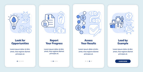 Naklejka premium Approaches to energy strategy blue light onboarding mobile app screen. Walkthrough 4 steps graphic instructions pages with linear concepts. UI, UX, GUI template. Myriad Pro-Bold, Regular fonts used
