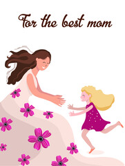 Daughter runs to mom, mom stretched out her hands to catch the baby, mother love, vector hand drawn illustration for a happy mother's day.