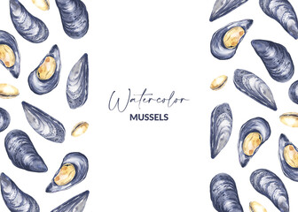 Menu design with watercolor illustrated mussel