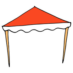 The outdoor awning is red. an icon of a simple beach canopy in the style of a doodle for a summer cafe, a side view of wooden pillars and a red roof. isolated on white for a summer design template