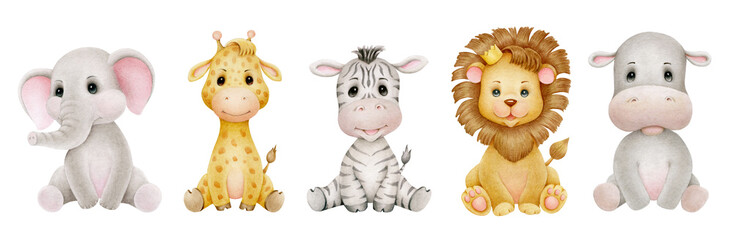 Safari animals watercolor illustration with baby elephant, lion, zebra, giraffe, hippopotamus. Set of African wild animals  © olgamurkot