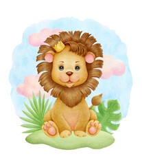 Watercolor cute safari lion and leaves. African wild animals