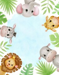Safari animals watercolor illustration with baby elephant, lion, zebra, giraffe, hippopotamus and tropical jungle foliage for nursery