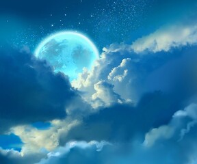 Naklejka na ściany i meble 雲と宇宙と月の夜空の背景のイラスト