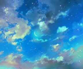 雲と宇宙と月の夜空の背景のイラスト