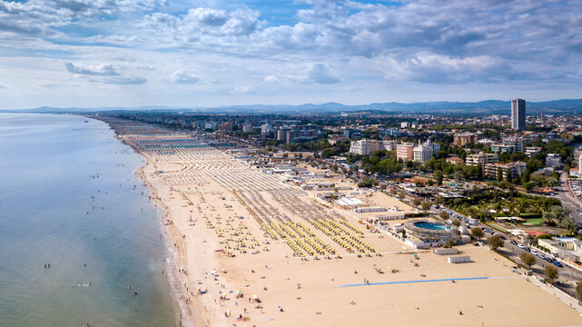 Aerial view of the beach of the Romagna Riviera with Riccione, Rimini and Cattolica