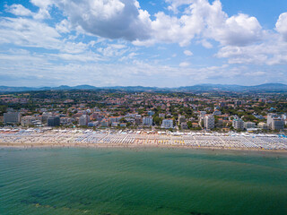 Aerial view of the Romagna coast with the beaches of Riccione, Rimini and Cattolica