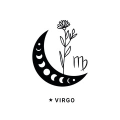 Virgo zodiac sign with wildflower and moon phases