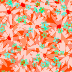 Fototapeta na wymiar Floral layered seamless pattern Simple transparent chamomile and forget-me-not flowers on a red – orange background