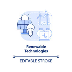 Naklejka premium Renewable technologies blue light concept icon. Efficient energy planning abstract idea thin line illustration. Isolated outline drawing. Editable stroke. Arial, Myriad Pro-Bold fonts used