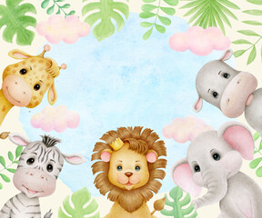 Safari animals watercolor illustration with baby elephant, lion, zebra, giraffe, hippopotamus and tropical jungle foliage for nursery