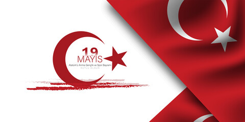 Vector illustration of 19 mayis Ataturk’u anma, genclik ve spor bayrami .Commemoration of Ataturk, Youth and Sports Day Turkey celebration card