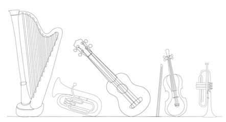 musical instruments one continuous line drawing, isolated, vector