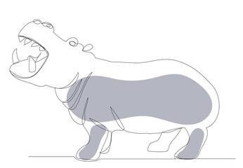 hippopotamus drawing in one continuous line, isolated, vector