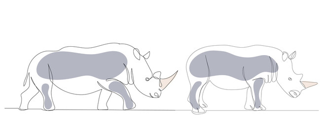 rhinos drawing in one continuous line, isolated, vector