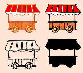 A street kiosk on wheels with a striped red and white canopy and a wheel. a set of hand-drawn sketches of a street store, with a striped awning side view isolated with a black outline and silhouette o