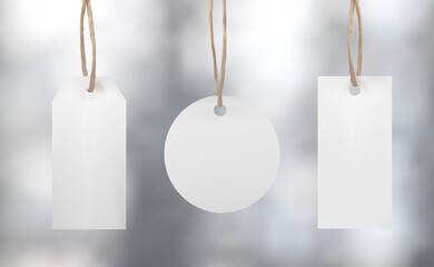 White realistic price tag mockup set. Shopping discount or special offer label. Blank wedding badges mock up. Vector illustration.