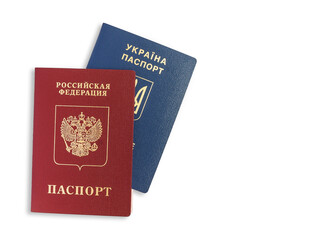 Passport of Ukraine and the Russian Federation on a white background.