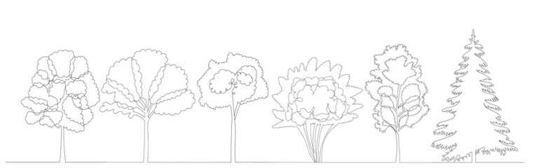trees drawing in one continuous line, isolated, vector