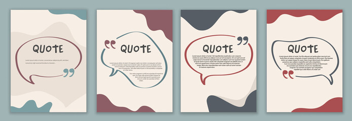 Vector Set template speech bubble quote sign.Cover -poster - quote symbol with text in empty box. Copy space for comment - talk  message or discussion.Banner with quote in quotation marks