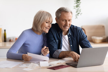 Happy senior couple paying bills online, using computer