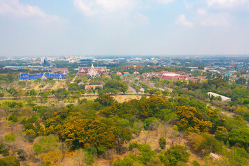 Aerial top view of Phutthamonthon, Bangkok City, Thailand. Thai buddhist temple architecture. Tourist attraction landmark.