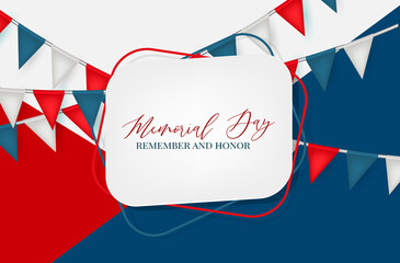 Memorial Day banner or flyer background with blue, red, and white bunting flags. United States of America national holiday. Vector illustration.