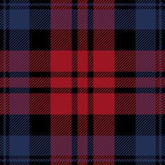 Red, blue and black tartan plaid. Scottish pattern fabric swatch close-up. 