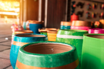 Colorful clay pots outside a craft store in La Paz Centro Nicaragua. Concept of tourist cities and magical towns of Latin America
