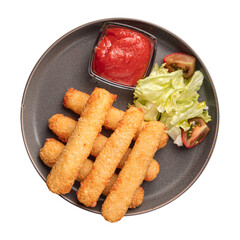 Isolated plate of fried cheese sticks appetizer on white background