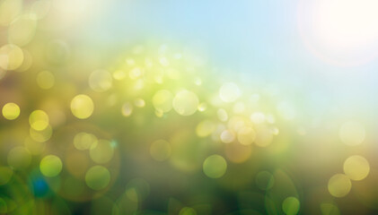 A spring, summer background of fresh lush green foliage and blue sky with blurred bokeh highlights. - obrazy, fototapety, plakaty