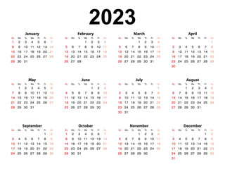 Calendar layout for 2023 year, week starts from Sunday.