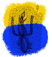 Ukraine yellow blue flag. Doodle squirrel, Ukrainian symbol