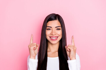 Photo of nice young brunette lady index up wear trend cloth isolated on pink color background
