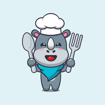 cute rhino chef mascot cartoon character holding spoon and fork 