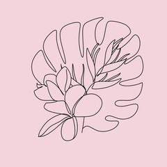 One line drawing set of vector tropical flowers. Botanical poster. Modern single line art, aesthetic outline. Continuous line drawing strelitzia, plumeria, heliconia palm tree and monstera © Victoria