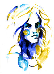 Beautiful Ukraine yellow blue woman face. fashion illustration watercolor - 503698019