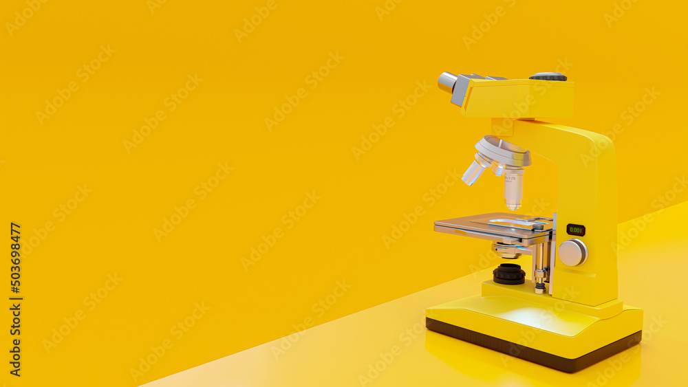 Poster yellow microscope in yellow lab. space for banner and logo. minimal and laboratory background concep