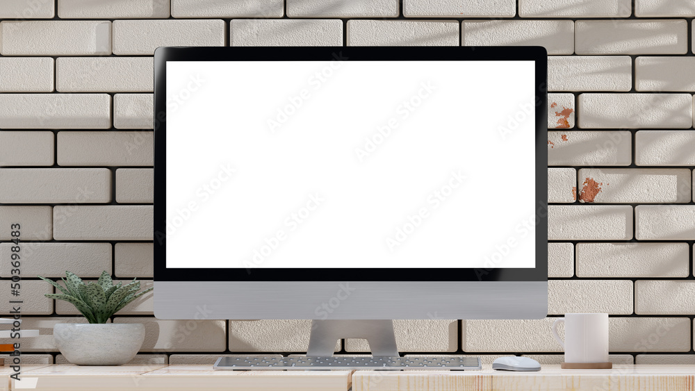 Poster computer mock-up empty screen on the desk front white brick wall. shadow of tree streaking from the 