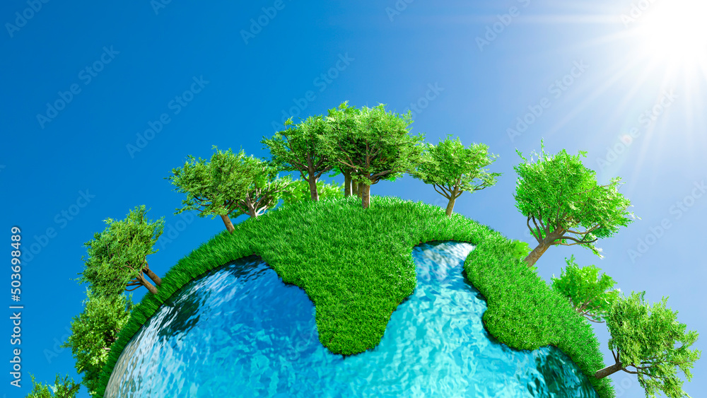Poster globe full of grass and trees with light of the sun shining from the side and high contrast. 3d rend