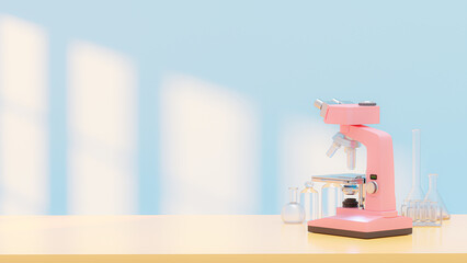 Pink pastel microscope on table with test tubes. in the blue lab. Space for banner and logo. Science and laboratory background concept, 3D Render.