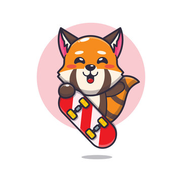 cute red panda mascot cartoon character with skateboard