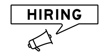 Megaphone icon with speech bubble in word hiring on white background