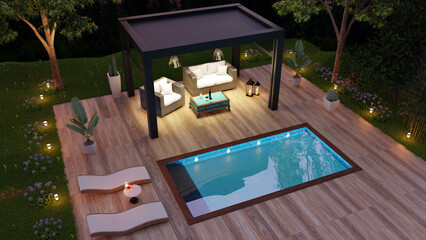 3D illustration top view of outdoor terrace with pool and pergola at dusk. - obrazy, fototapety, plakaty