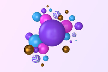 Abstract decorative background illustration of pink, purple, violet, blue and zigzag stripe random balls. 3d rendering abstract wallpaper. Different sized spheres with light highlights