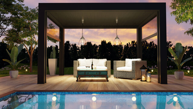 3D render of modern pergola on outdoor terrace at dusk