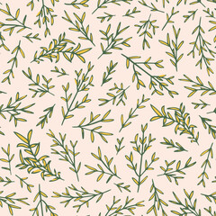 Obraz premium Herbs seamless repeat pattern. Random placed, vector botanical all over surface print.