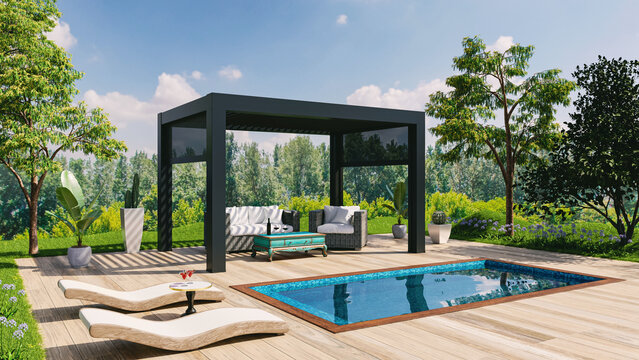 Side view 3D render of black outdoor pergola on deck next to swimming pool